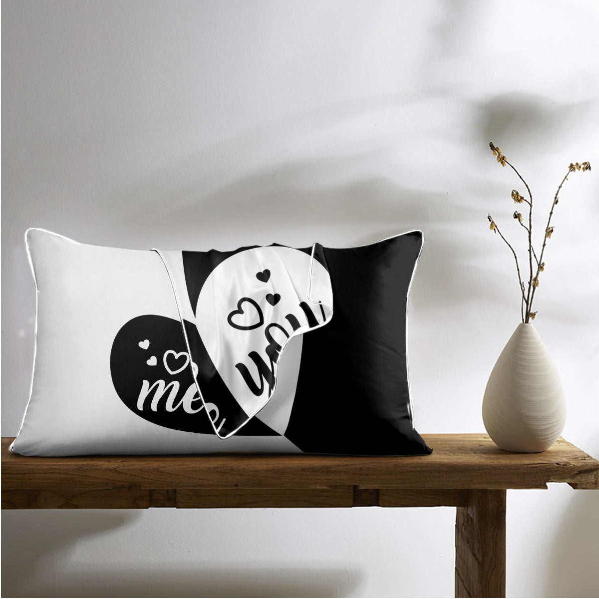 2pcs Black & White "You & Me" Heart Print Satin Pillowcases - 100% Polyester Envelope Closure Bedroom Decor, All-Season Machine Washable Romantic Couples Gift, Valentine Bedding, Home Decor, Modern Design, Durable Material, Decorative Pillows, Home