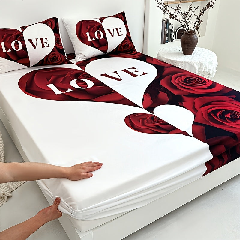 3pcs Red And White Love Heart Bed Sheet(1pc Bed Sheet+2pcs Pillowcase No Filling), Deep Pocket In 15 Inch Machine Washable, Hypoallergenic, High Quality Mattress Protector Bedroom Dormitory High Definition Printing All Seasons Room Decor Couple Gifts