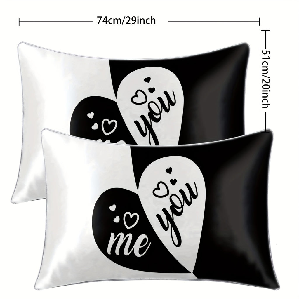 2pcs Black & White "You & Me" Heart Print Satin Pillowcases - 100% Polyester Envelope Closure Bedroom Decor, All-Season Machine Washable Romantic Couples Gift, Valentine Bedding, Home Decor, Modern Design, Durable Material, Decorative Pillows, Home