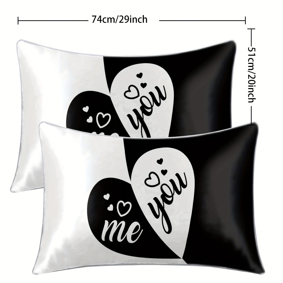 2pcs Black & White "You & Me" Heart Print Satin Pillowcases - 100% Polyester Envelope Closure Bedroom Decor, All-Season Machine Washable Romantic Couples Gift, Valentine Bedding, Home Decor, Modern Design, Durable Material, Decorative Pillows, Home