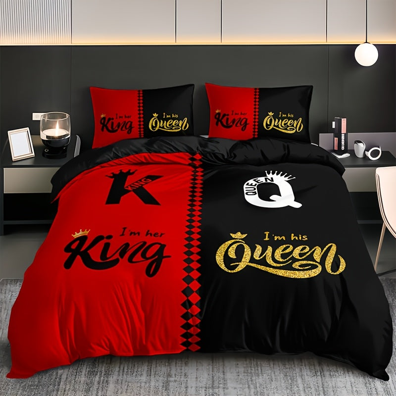3pcs Ultra Soft Breathable Crown King Queen Letter Duvet Cover Set, 1 Duvet Cover + 2 Pillowcases Without Pillow Inserts, Home Dorm High-Definition Digital Print, Suitable for Bedroom and Living Room Room Decor, All-Season