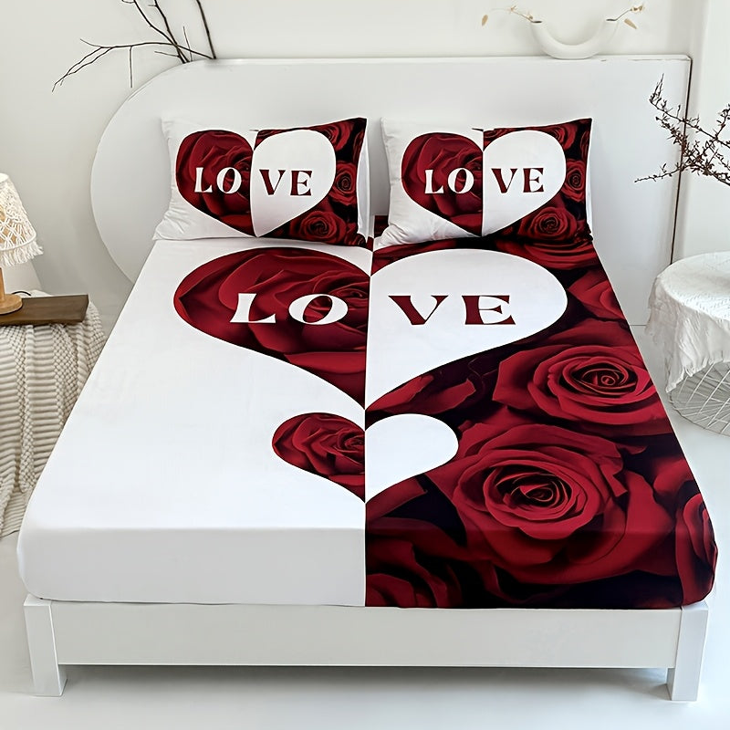 3pcs Red And White Love Heart Bed Sheet(1pc Bed Sheet+2pcs Pillowcase No Filling), Deep Pocket In 15 Inch Machine Washable, Hypoallergenic, High Quality Mattress Protector Bedroom Dormitory High Definition Printing All Seasons Room Decor Couple Gifts