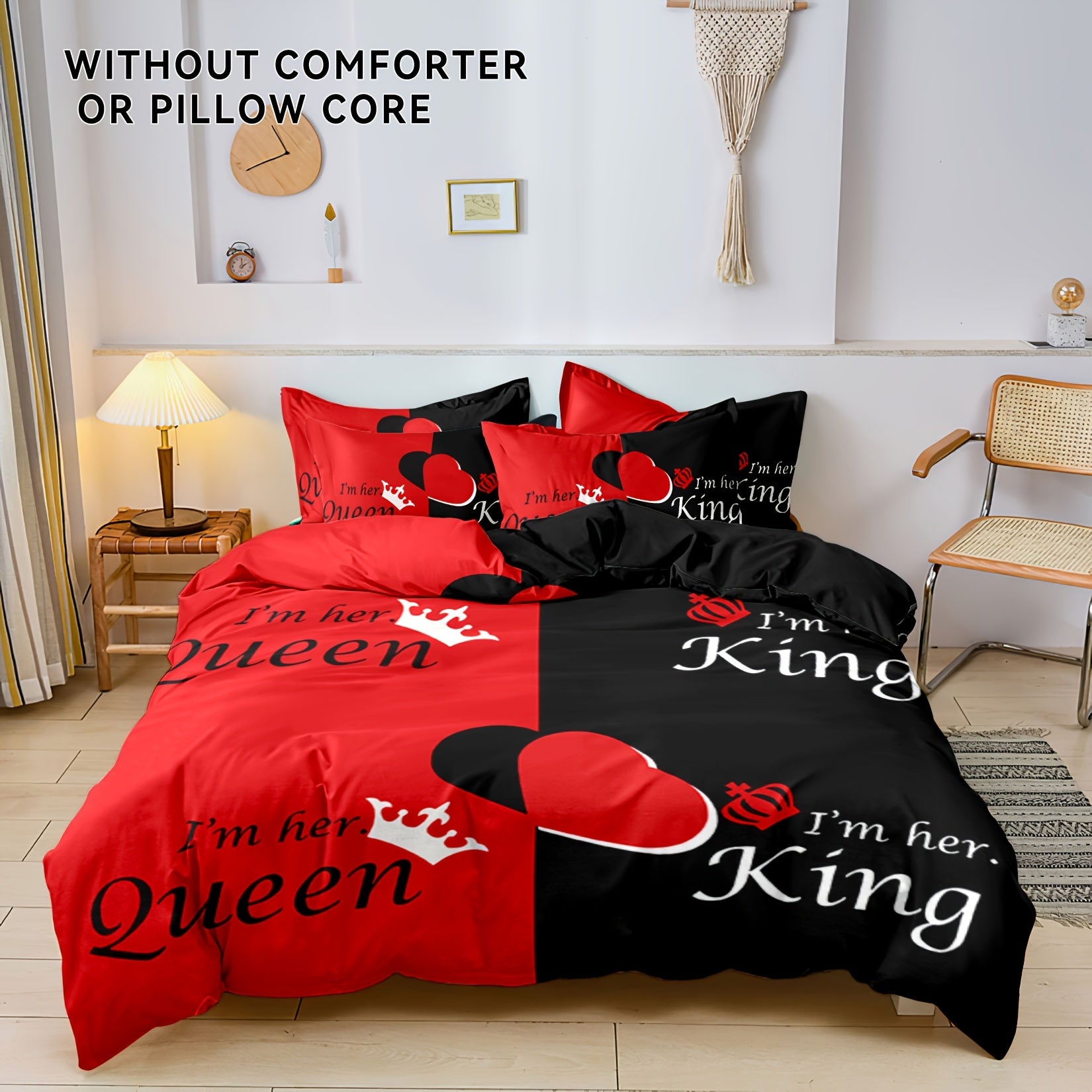 Dark Red And Black Three-Piece Bedding Set with Queen & King Size Featuring Printed English Letters on The Duvet Cover And Pillowcases.