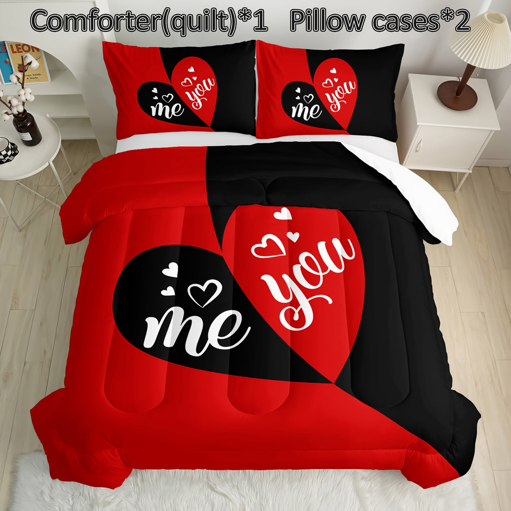 3pcs Mr Mrs Bedding Set Queen, You And Me Comforter for Adults Couple Men Women, Black And Red Bedding Set, His And Hers Comforter, Romance Bedding, Valentine's Day Wedding Gifts, 1 Quilt 2 Pillowcases