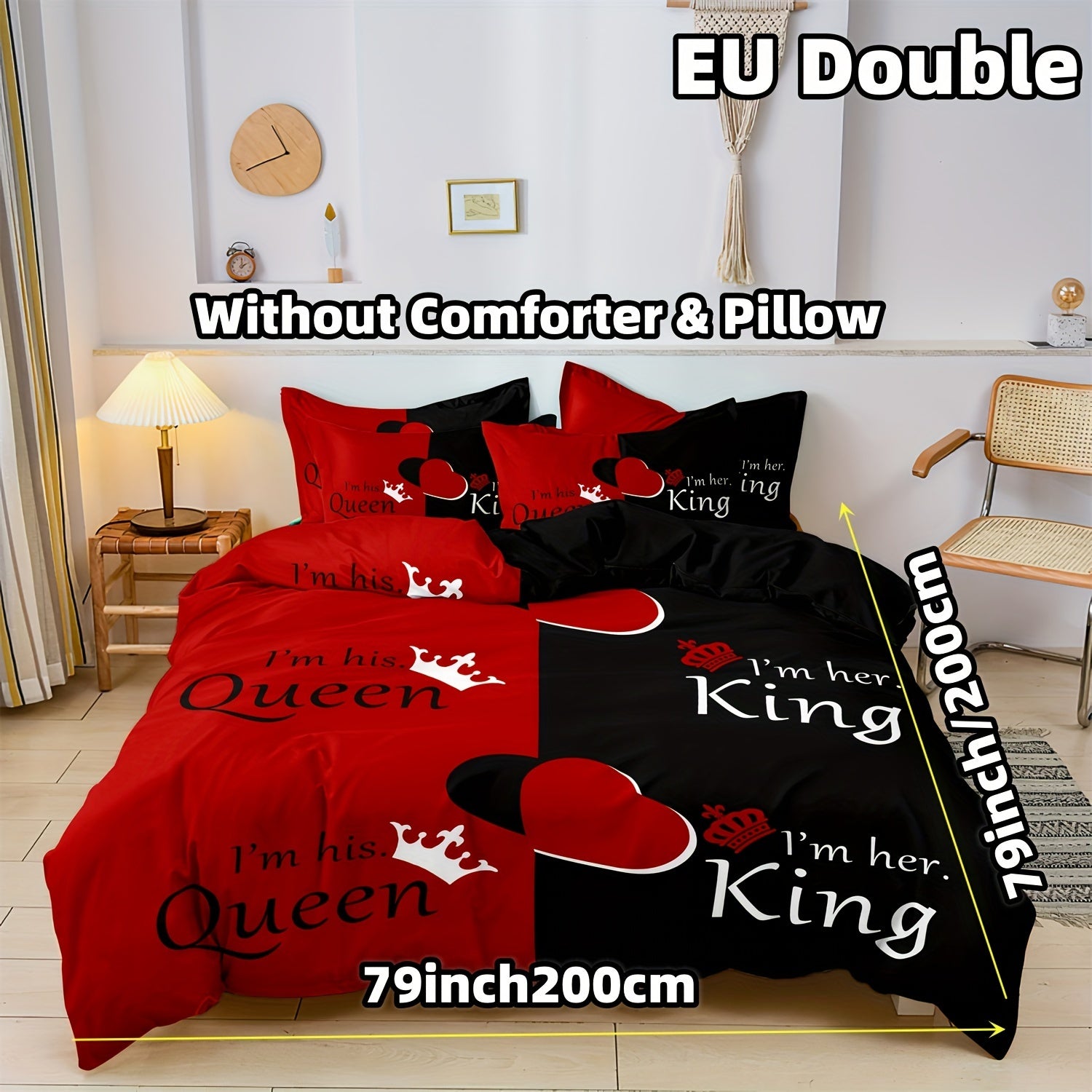 Dark Red And Black Three-Piece Bedding Set with Queen & King Size Featuring Printed English Letters on The Duvet Cover And Pillowcases.