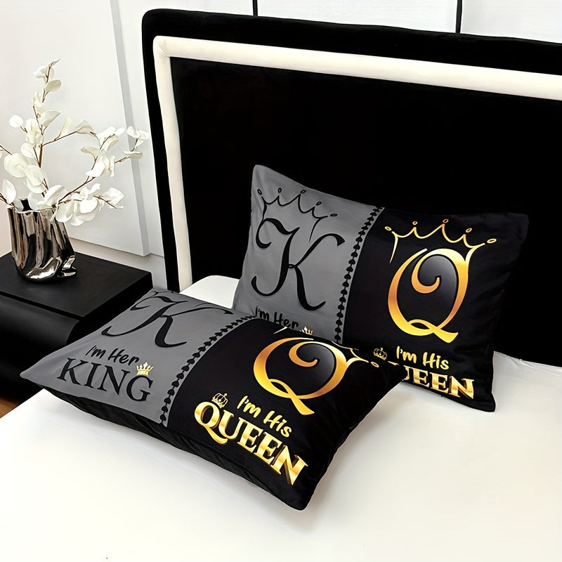 3pcs Super Soft Breathable Black Grey Color Blocking Crown Letter Bed Sheet (1pc Bed Sheet+2pcs Pillowcase No Filling), Deep Pocket In 15 Inch, Mattress Protector Bedroom Dormitory High Definition Printing Suitable For All Seasons Room Decor