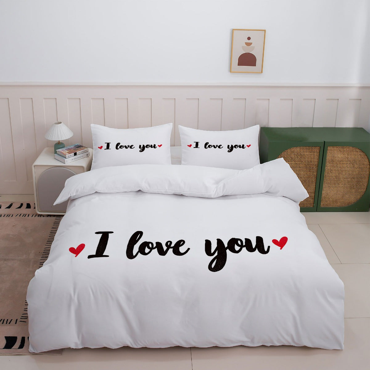 3pcs Romantic White Bed Linen Set Featuring 'I Love You' Design (1 Duvet Cover + 2 Pillowcases, Excluding Insert) - Ideal for Couples And Valentine'S Day