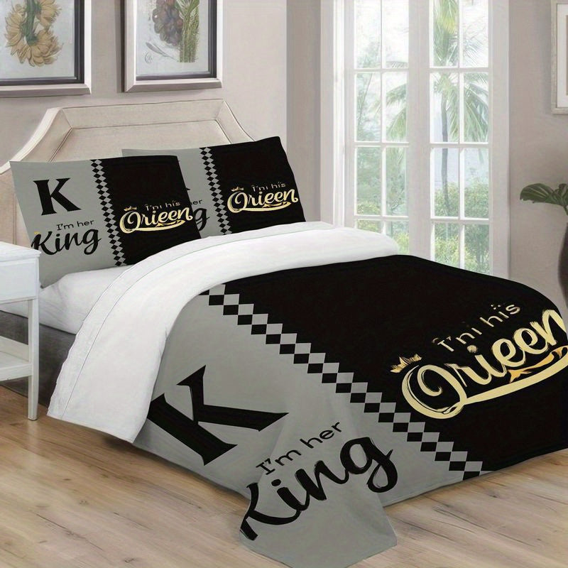3pcs King Queen Couple Bedding Set Black Gray Design Duvet Cover Matching Pillowcase, Elegant His Queen Her King Crown Pattern Bedding Series Romantic Bedroom Home Decor Gift Soft Comfortable Modern Bedding (1 Duvet Cover + 2 Pillowcases)