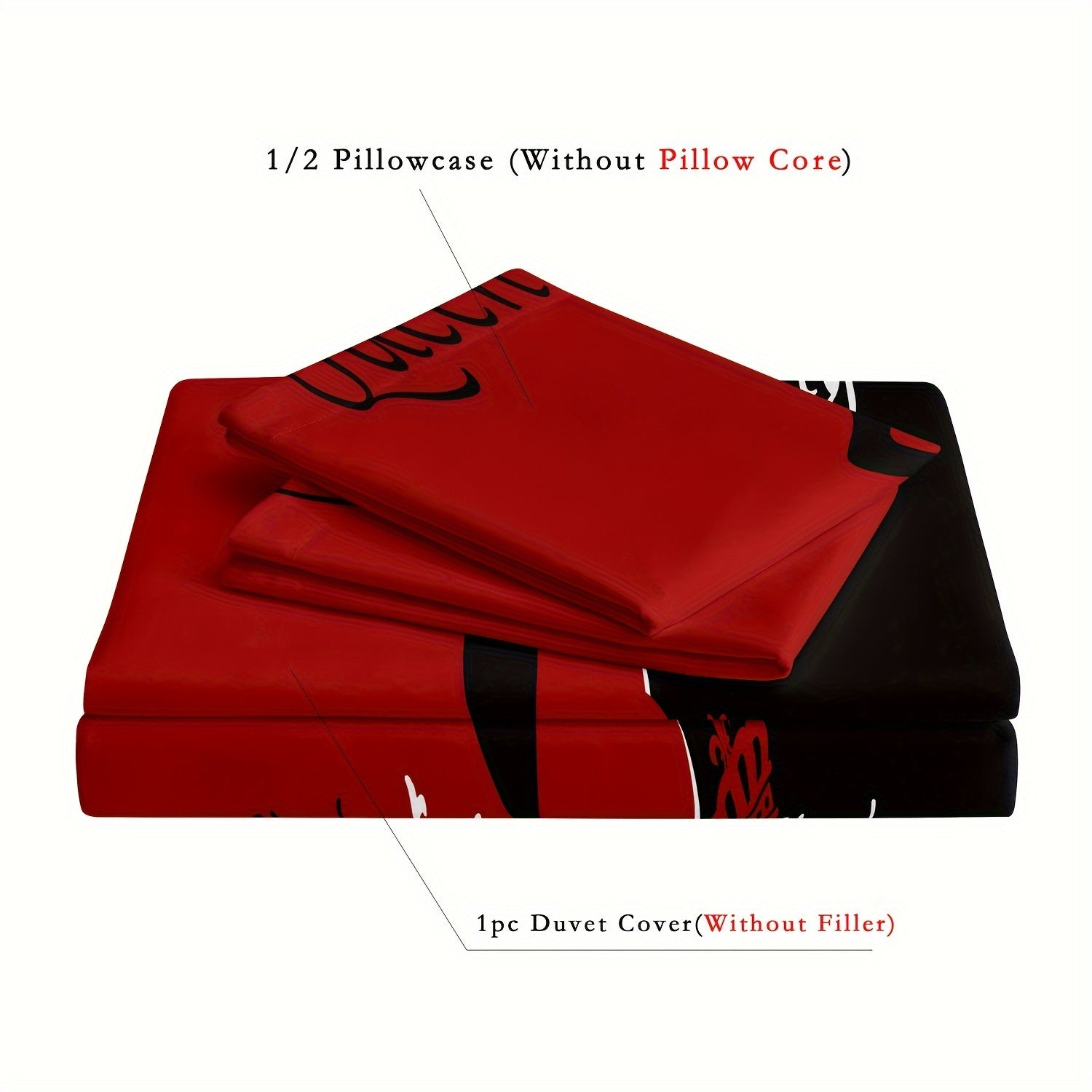 Dark Red And Black Three-Piece Bedding Set with Queen & King Size Featuring Printed English Letters on The Duvet Cover And Pillowcases.