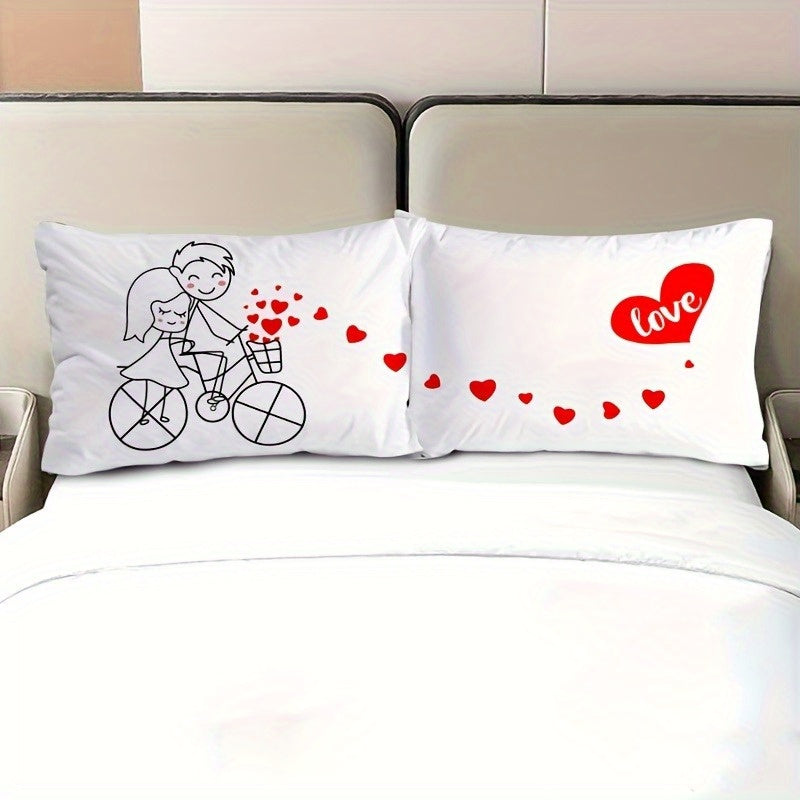 2-Pack Romantic Couple Cartoon Pillowcases - French Style Endless Love Design, Soft Polyester Single-Sided Print, Wrinkle & Fade Resistant, All-Season White Bedding with Zipper Closure (Pillow Inserts Not Included), Bed Room Decor And Accessories
