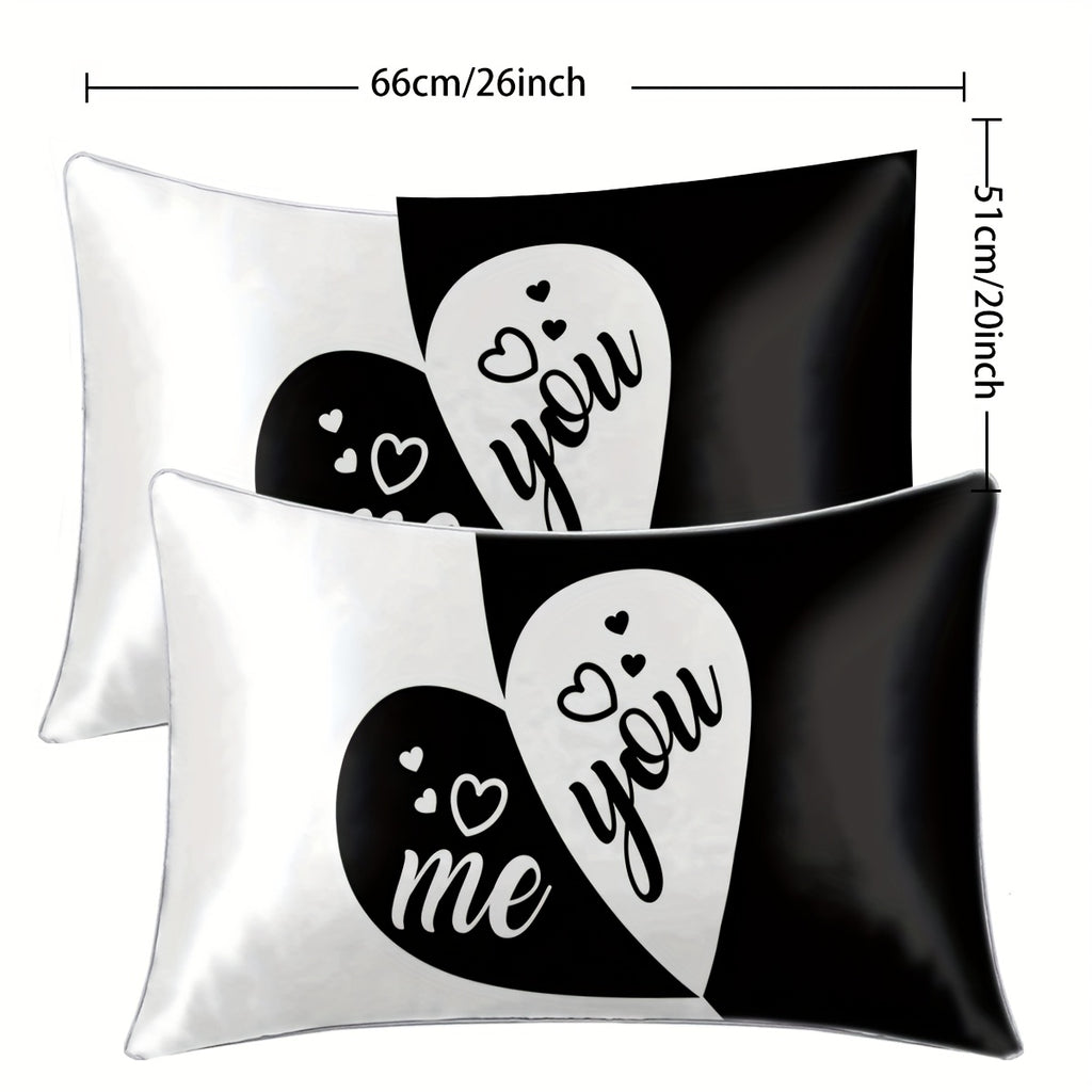 2pcs Black & White "You & Me" Heart Print Satin Pillowcases - 100% Polyester Envelope Closure Bedroom Decor, All-Season Machine Washable Romantic Couples Gift, Valentine Bedding, Home Decor, Modern Design, Durable Material, Decorative Pillows, Home