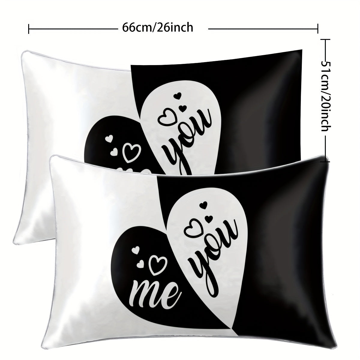 2pcs Black & White "You & Me" Heart Print Satin Pillowcases - 100% Polyester Envelope Closure Bedroom Decor, All-Season Machine Washable Romantic Couples Gift, Valentine Bedding, Home Decor, Modern Design, Durable Material, Decorative Pillows, Home