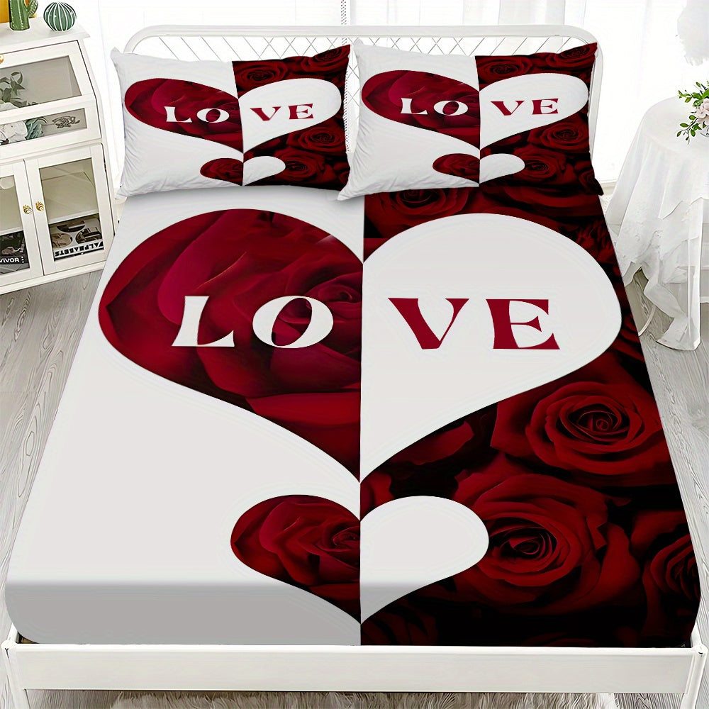 Fitted Sheet 3pcss Set - 3pcss Couples Theme Mattress Protector (1*Bed Sheet 2*Pillowcases, No Core), Stylish, Soft, And Comfortable Bed Sheets, Suitable for Family Bedrooms And Guest Rooms, Universal for All Seasons
