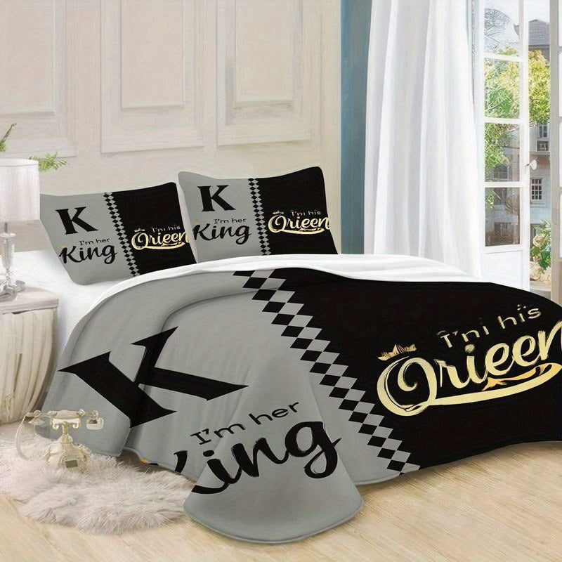 3pcs King Queen Couple Bedding Set Black Gray Design Duvet Cover Matching Pillowcase, Elegant His Queen Her King Crown Pattern Bedding Series Romantic Bedroom Home Decor Gift Soft Comfortable Modern Bedding (1 Duvet Cover + 2 Pillowcases)