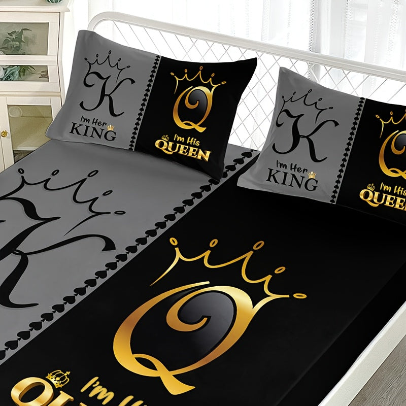 3pcs Royal Crown King & Queen Themed Bedding Set - 100% Polyester Microfiber, Breathable & All-Season, Machine Washable - Includes Fitted Sheet and 2 Pillowcases, High-Definition Digital Print Bedroom Decor