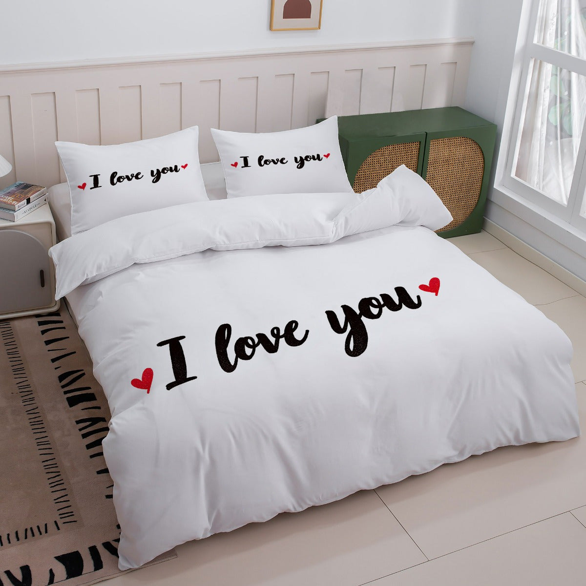3pcs Romantic White Bed Linen Set Featuring 'I Love You' Design (1 Duvet Cover + 2 Pillowcases, Excluding Insert) - Ideal for Couples And Valentine'S Day