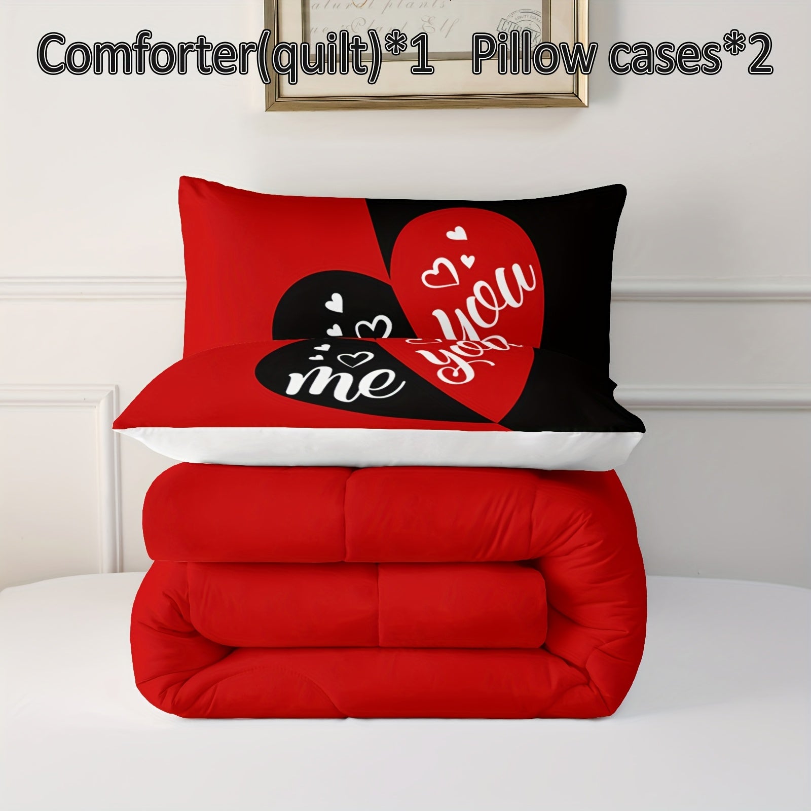 3pcs Mr Mrs Bedding Set Queen, You And Me Comforter for Adults Couple Men Women, Black And Red Bedding Set, His And Hers Comforter, Romance Bedding, Valentine's Day Wedding Gifts, 1 Quilt 2 Pillowcases
