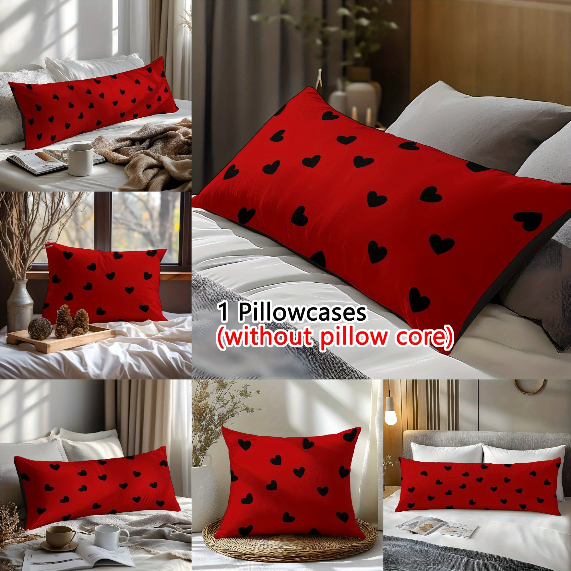 1pc Love-Themed Pillowcase - Large 3D Digital Printed, Soft & Skin-Friendly Polyester, Red with Black Hearts Design, Perfect for Bedroom, Guest Room, or as a Romantic Gift for Couples, Birthdays, and More, Gift Pillow Cover | 3D Printed Design | Soft