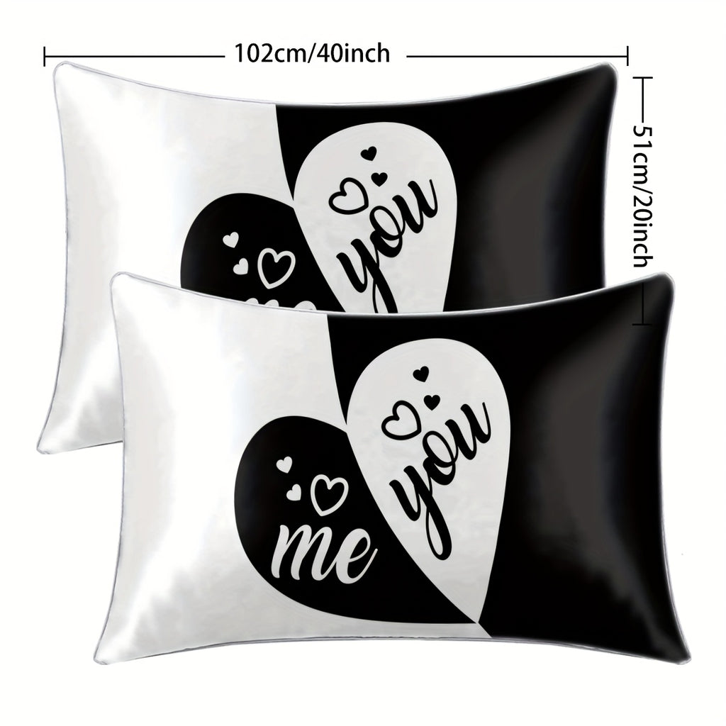 2pcs Black & White "You & Me" Heart Print Satin Pillowcases - 100% Polyester Envelope Closure Bedroom Decor, All-Season Machine Washable Romantic Couples Gift, Valentine Bedding, Home Decor, Modern Design, Durable Material, Decorative Pillows, Home