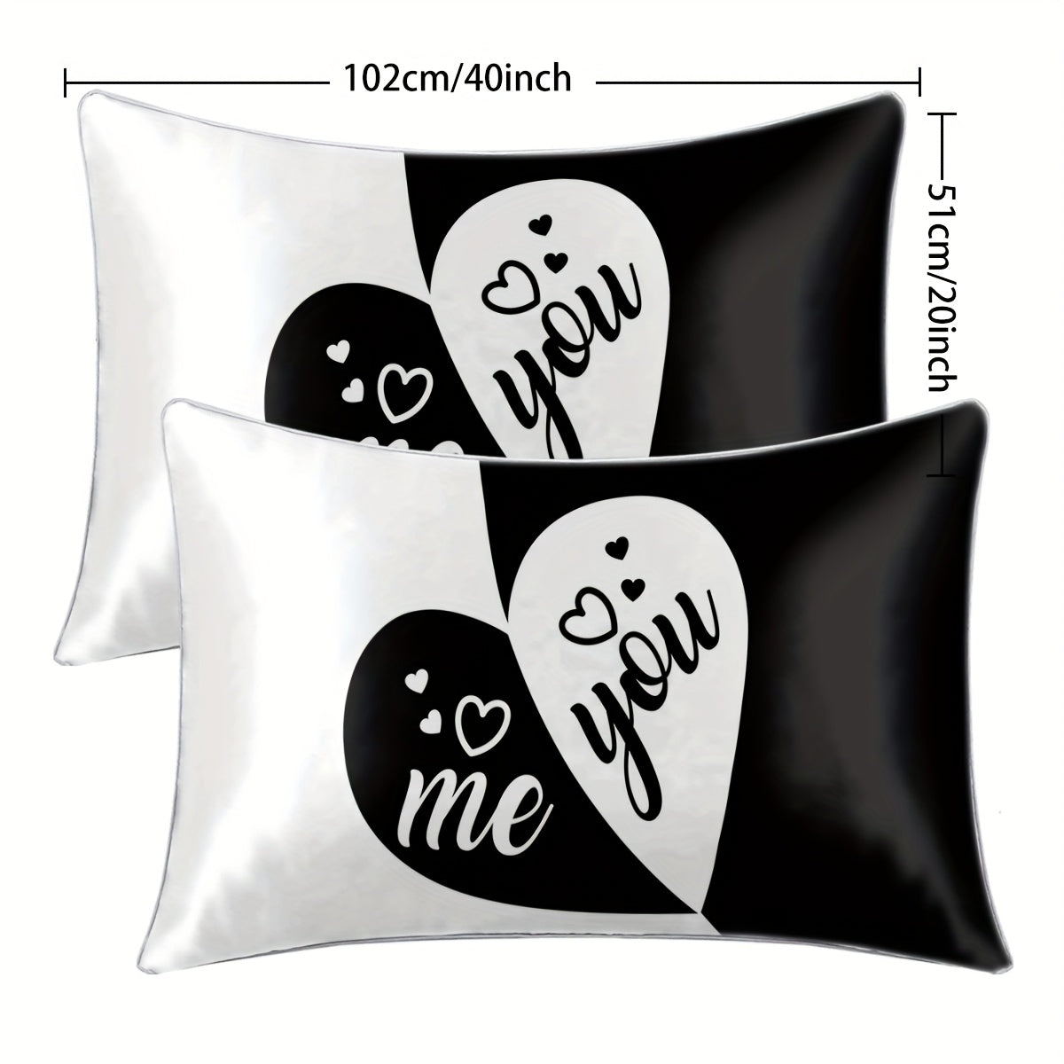 2pcs Black & White "You & Me" Heart Print Satin Pillowcases - 100% Polyester Envelope Closure Bedroom Decor, All-Season Machine Washable Romantic Couples Gift, Valentine Bedding, Home Decor, Modern Design, Durable Material, Decorative Pillows, Home