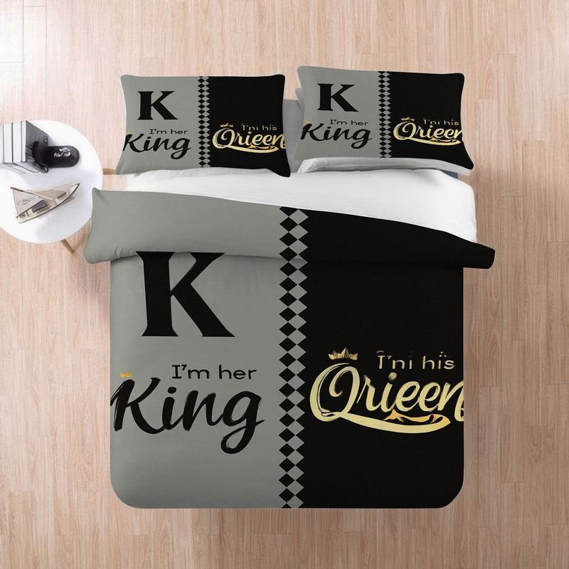 3pcs King Queen Couple Bedding Set Black Gray Design Duvet Cover Matching Pillowcase, Elegant His Queen Her King Crown Pattern Bedding Series Romantic Bedroom Home Decor Gift Soft Comfortable Modern Bedding (1 Duvet Cover + 2 Pillowcases)
