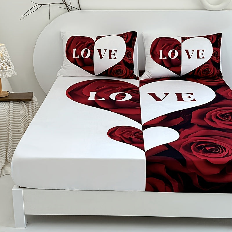 3pcs Red And White Love Heart Bed Sheet(1pc Bed Sheet+2pcs Pillowcase No Filling), Deep Pocket In 15 Inch Machine Washable, Hypoallergenic, High Quality Mattress Protector Bedroom Dormitory High Definition Printing All Seasons Room Decor Couple Gifts