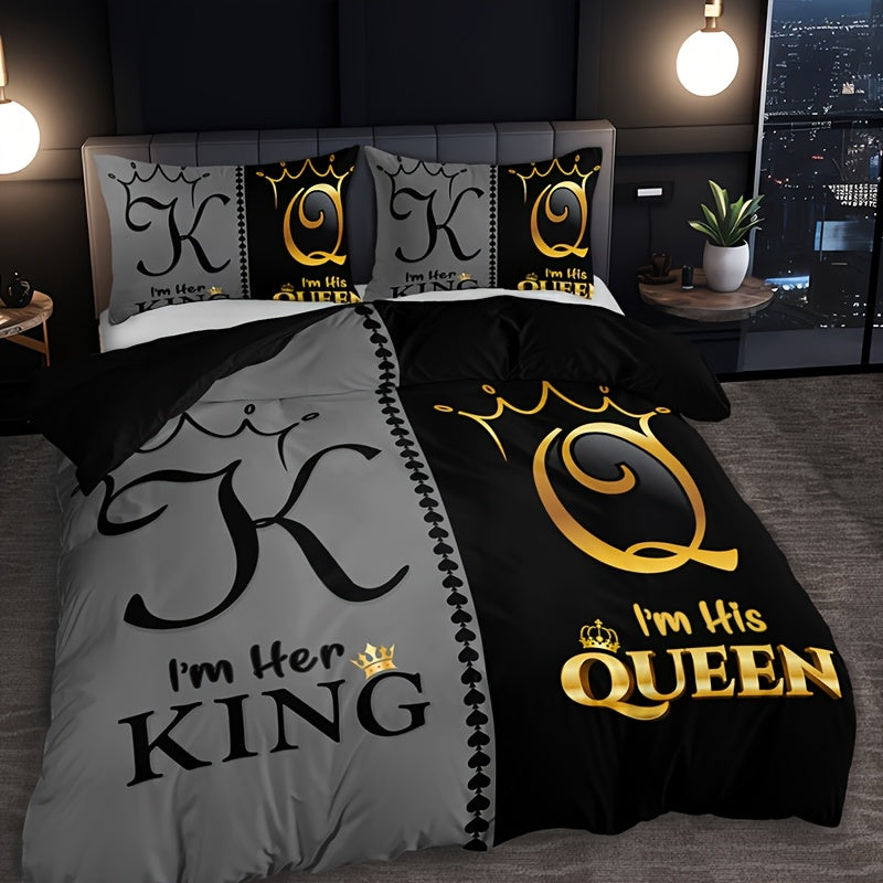 3pcs Ultra Soft Breathable Crown King Queen Letter Duvet Cover Set, 1 Duvet Cover + 2 Pillowcases Without Pillow Inserts, Home Dorm High-Definition Digital Print, Suitable for Bedroom and Living Room Room Decor, All-Season