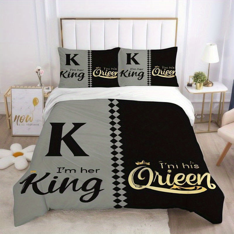 3pcs King Queen Couple Bedding Set Black Gray Design Duvet Cover Matching Pillowcase, Elegant His Queen Her King Crown Pattern Bedding Series Romantic Bedroom Home Decor Gift Soft Comfortable Modern Bedding (1 Duvet Cover + 2 Pillowcases)
