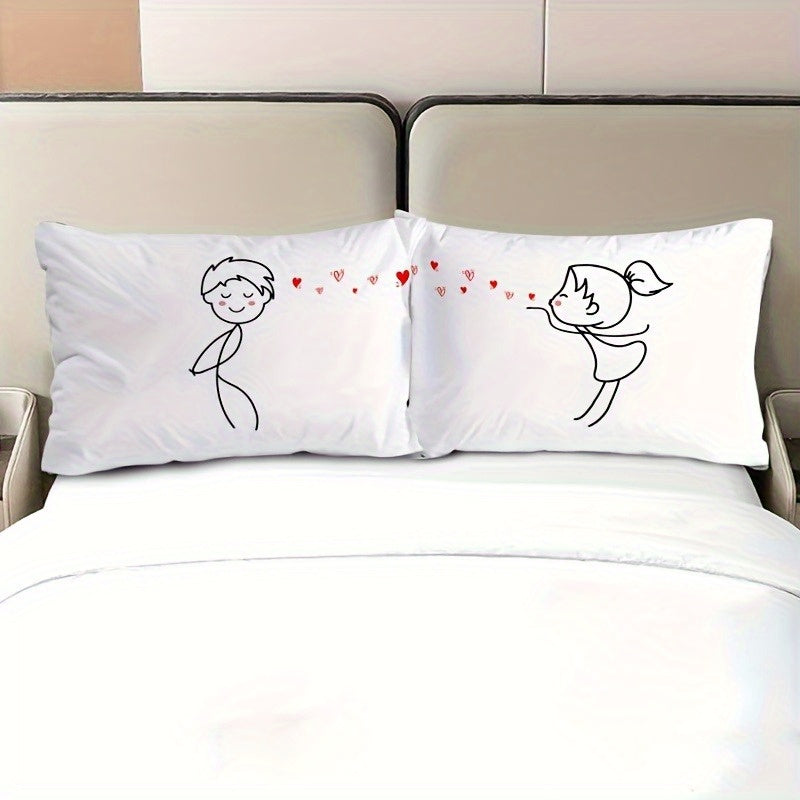 2-Pack Romantic Couple Cartoon Pillowcases - French Style Endless Love Design, Soft Polyester Single-Sided Print, Wrinkle & Fade Resistant, All-Season White Bedding with Zipper Closure (Pillow Inserts Not Included), Bed Room Decor And Accessories