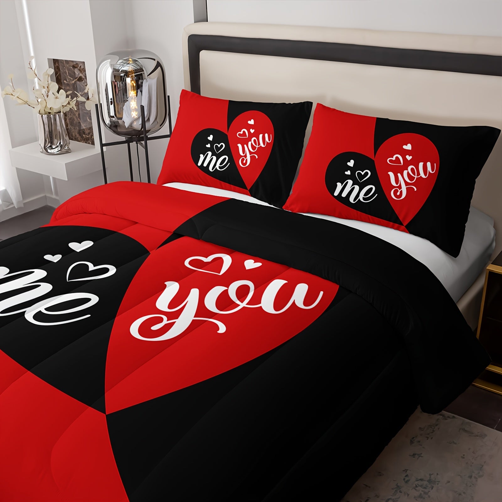 3pcs Mr Mrs Bedding Set Queen, You And Me Comforter for Adults Couple Men Women, Black And Red Bedding Set, His And Hers Comforter, Romance Bedding, Valentine's Day Wedding Gifts, 1 Quilt 2 Pillowcases