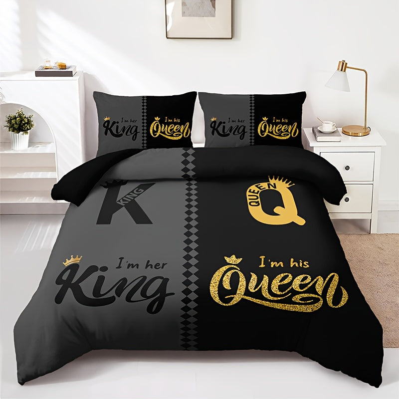 3pcs Ultra Soft Breathable Crown King Queen Letter Duvet Cover Set, 1 Duvet Cover + 2 Pillowcases Without Pillow Inserts, Home Dorm High-Definition Digital Print, Suitable for Bedroom and Living Room Room Decor, All-Season