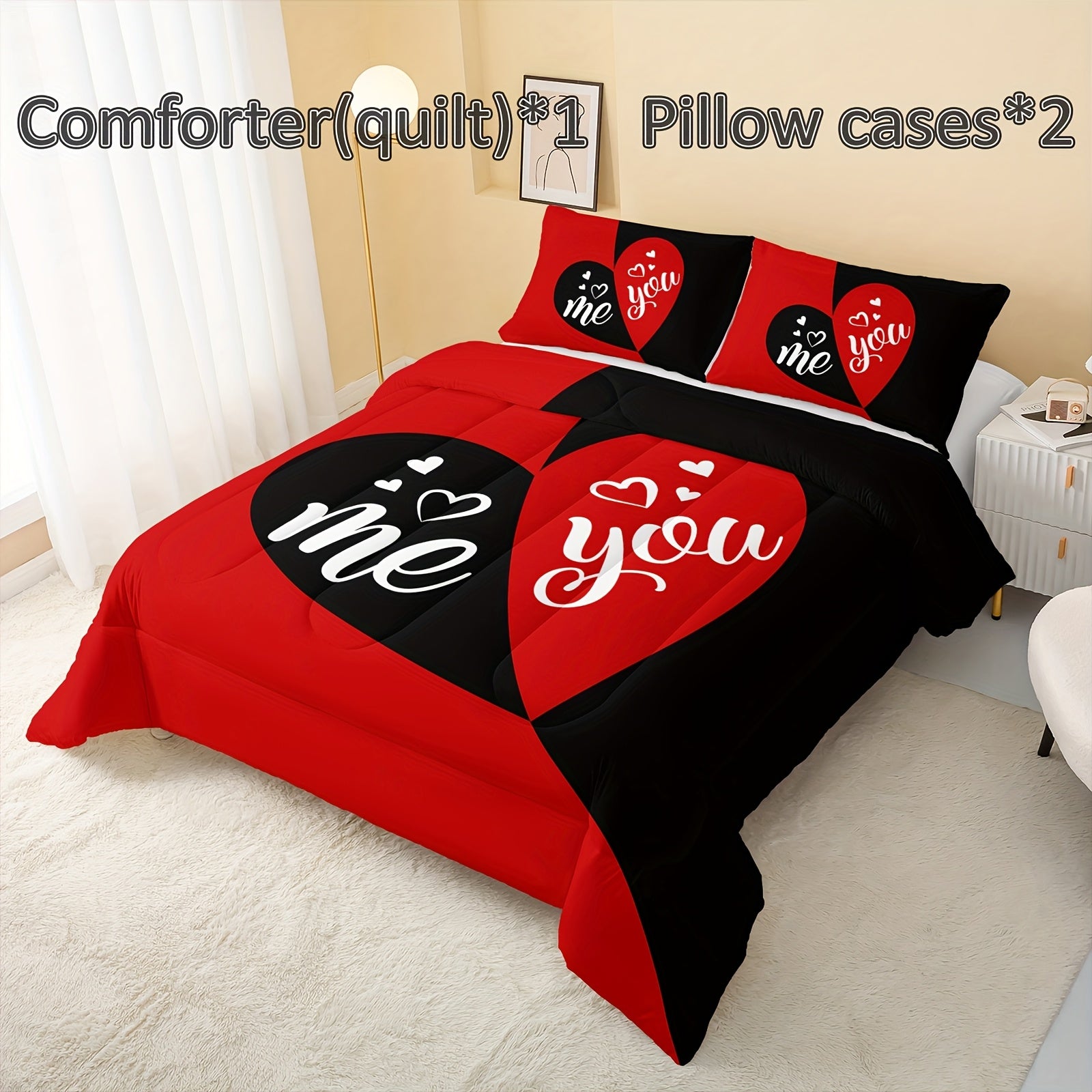 3pcs Mr Mrs Bedding Set Queen, You And Me Comforter for Adults Couple Men Women, Black And Red Bedding Set, His And Hers Comforter, Romance Bedding, Valentine's Day Wedding Gifts, 1 Quilt 2 Pillowcases