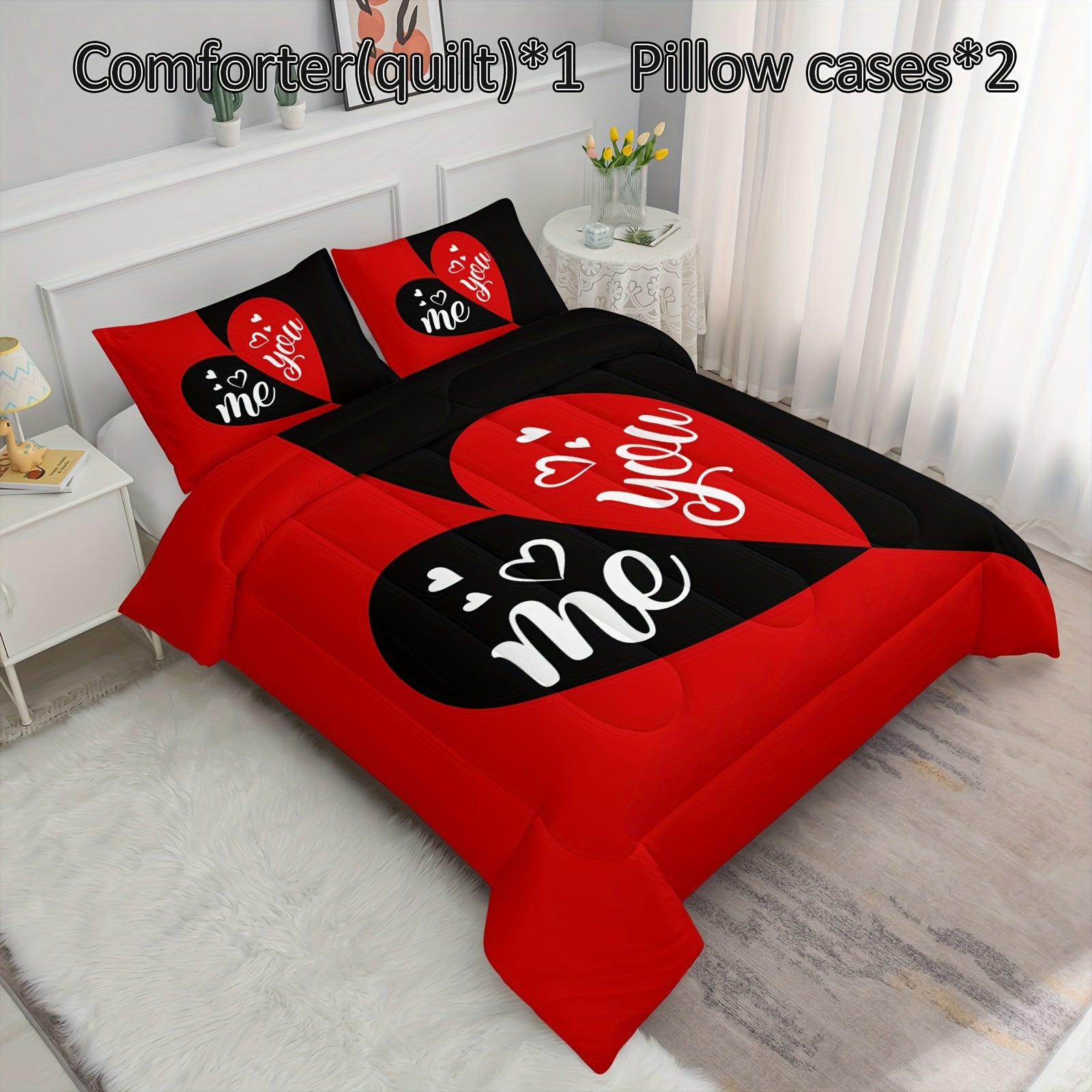 3pcs Mr Mrs Bedding Set Queen, You And Me Comforter for Adults Couple Men Women, Black And Red Bedding Set, His And Hers Comforter, Romance Bedding, Valentine's Day Wedding Gifts, 1 Quilt 2 Pillowcases