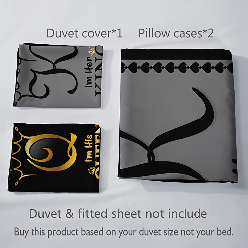 3pcs Ultra Soft Breathable Crown King Queen Letter Duvet Cover Set, 1 Duvet Cover + 2 Pillowcases Without Pillow Inserts, Home Dorm High-Definition Digital Print, Suitable for Bedroom and Living Room Room Decor, All-Season