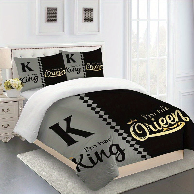 3pcs King Queen Couple Bedding Set Black Gray Design Duvet Cover Matching Pillowcase, Elegant His Queen Her King Crown Pattern Bedding Series Romantic Bedroom Home Decor Gift Soft Comfortable Modern Bedding (1 Duvet Cover + 2 Pillowcases)