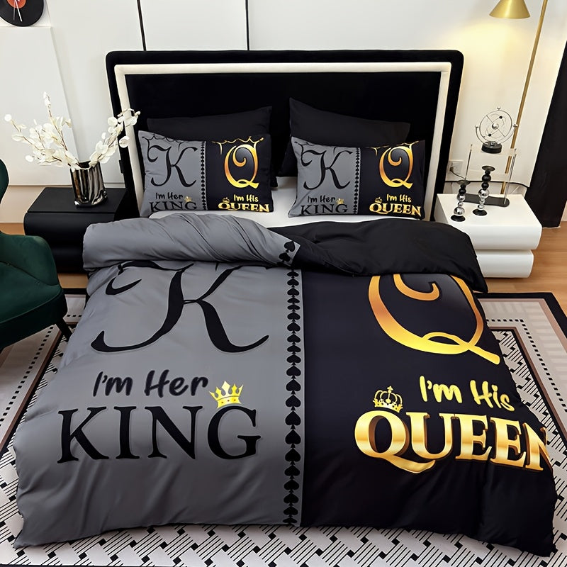 3pcs Ultra Soft Breathable Crown King Queen Letter Duvet Cover Set, 1 Duvet Cover + 2 Pillowcases Without Pillow Inserts, Home Dorm High-Definition Digital Print, Suitable for Bedroom and Living Room Room Decor, All-Season