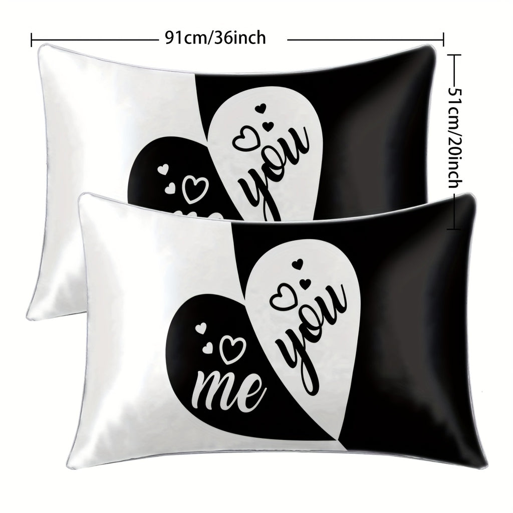 2pcs Black & White "You & Me" Heart Print Satin Pillowcases - 100% Polyester Envelope Closure Bedroom Decor, All-Season Machine Washable Romantic Couples Gift, Valentine Bedding, Home Decor, Modern Design, Durable Material, Decorative Pillows, Home