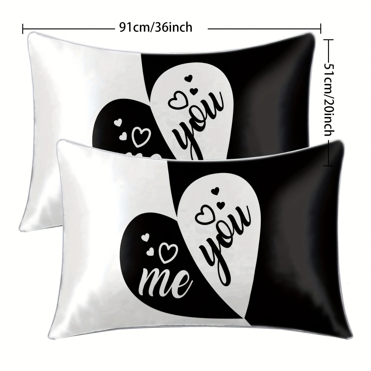 2pcs Black & White "You & Me" Heart Print Satin Pillowcases - 100% Polyester Envelope Closure Bedroom Decor, All-Season Machine Washable Romantic Couples Gift, Valentine Bedding, Home Decor, Modern Design, Durable Material, Decorative Pillows, Home