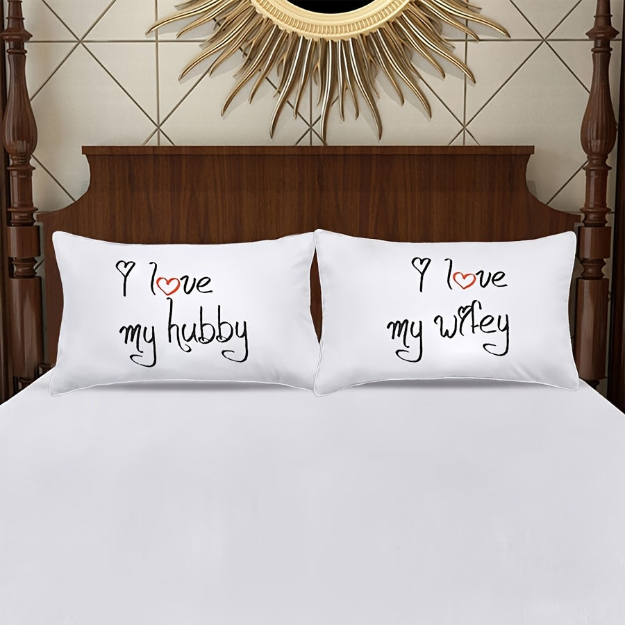 2-Pack Contemporary Polyester Pillowcases, "I Love My Wifey" & "I Love My Hubby" Couples Pillow Covers, Machine Washable, Zipper Closure, Romantic Anniversary & Valentine'S Day Gift, Single-Sided, No Insert - Various Room Types