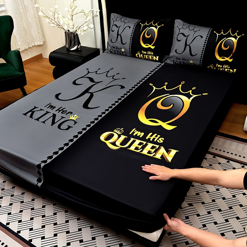 3pcs Super Soft Breathable Black Grey Color Blocking Crown Letter Bed Sheet (1pc Bed Sheet+2pcs Pillowcase No Filling), Deep Pocket In 15 Inch, Mattress Protector Bedroom Dormitory High Definition Printing Suitable For All Seasons Room Decor