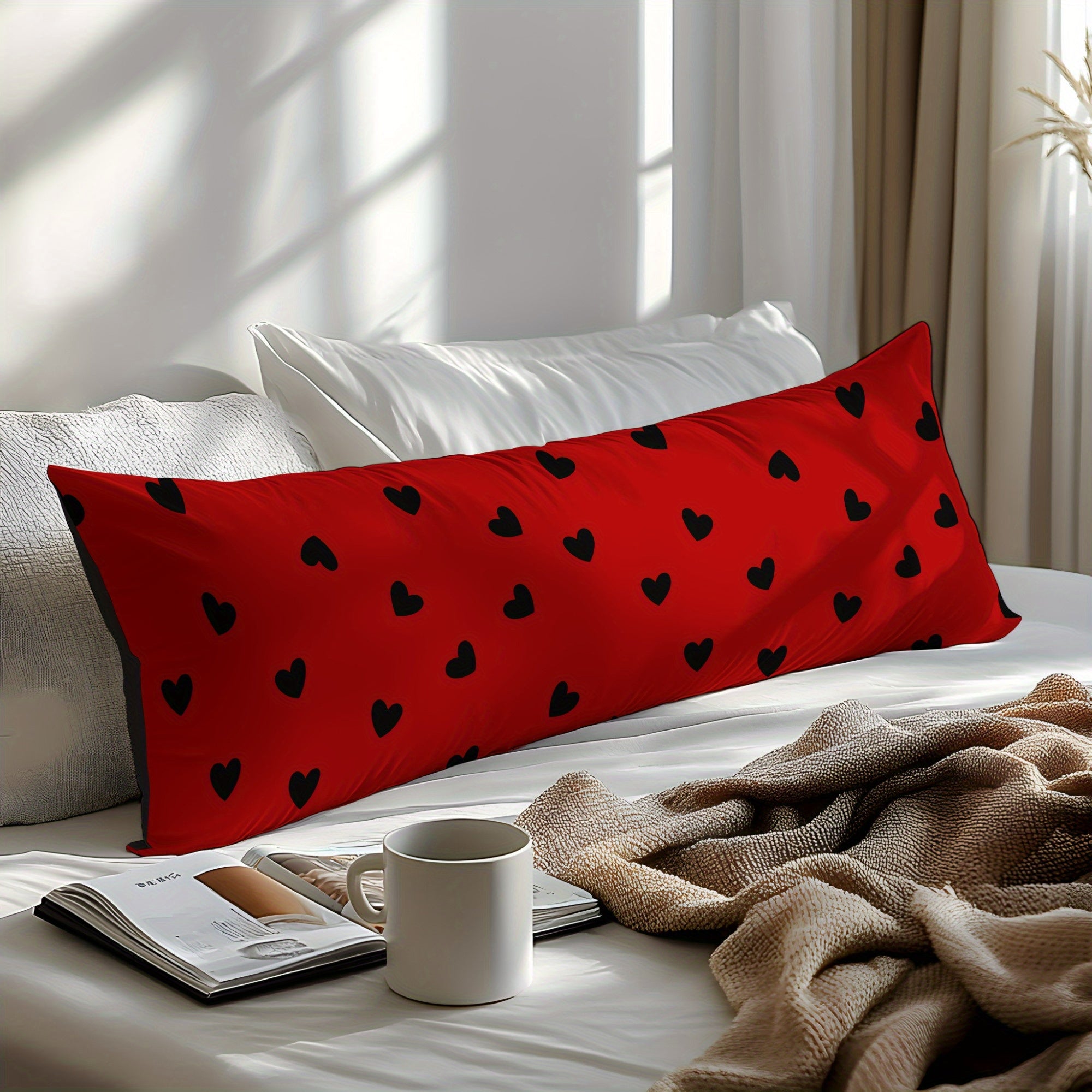 1pc Love-Themed Pillowcase - Large 3D Digital Printed, Soft & Skin-Friendly Polyester, Red with Black Hearts Design, Perfect for Bedroom, Guest Room, or as a Romantic Gift for Couples, Birthdays, and More, Gift Pillow Cover | 3D Printed Design | Soft