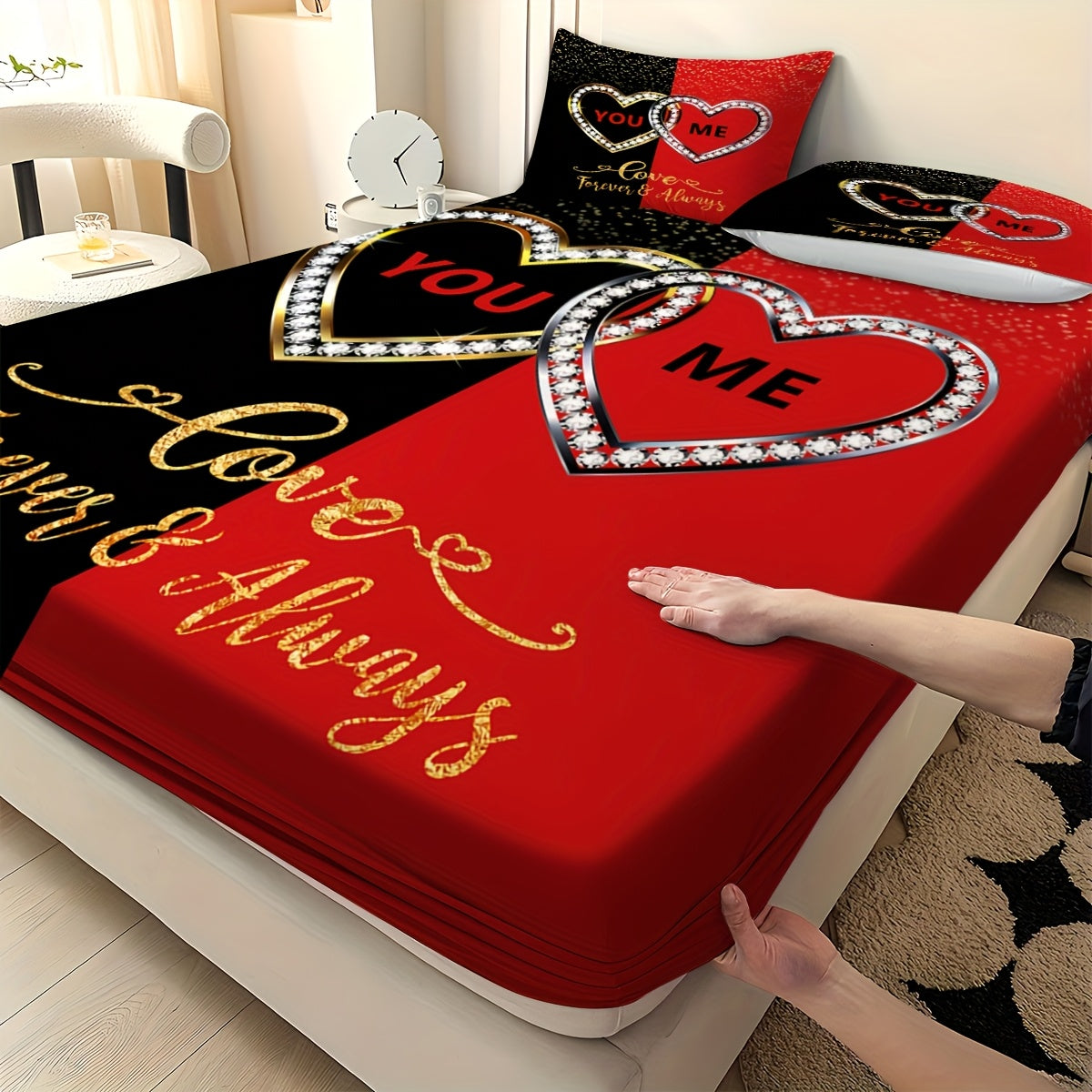 3pcs Creative High-definition Couple Heart Diamond Theme Pattern Printed Bed Hat Set, Super Soft, Comfortable And Breathable Bed Hat, Bedding Mattress Protective Cover + 2 Pillowcases (coreless), Polyester Material. The Polyester Material Fabric