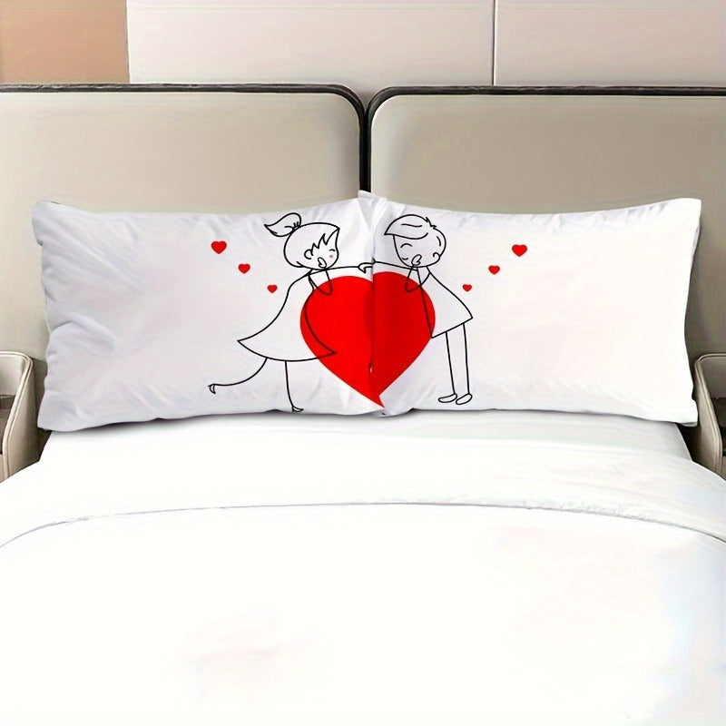 2-Pack Romantic Couple Cartoon Pillowcases - French Style Endless Love Design, Soft Polyester Single-Sided Print, Wrinkle & Fade Resistant, All-Season White Bedding with Zipper Closure (Pillow Inserts Not Included), Bed Room Decor And Accessories