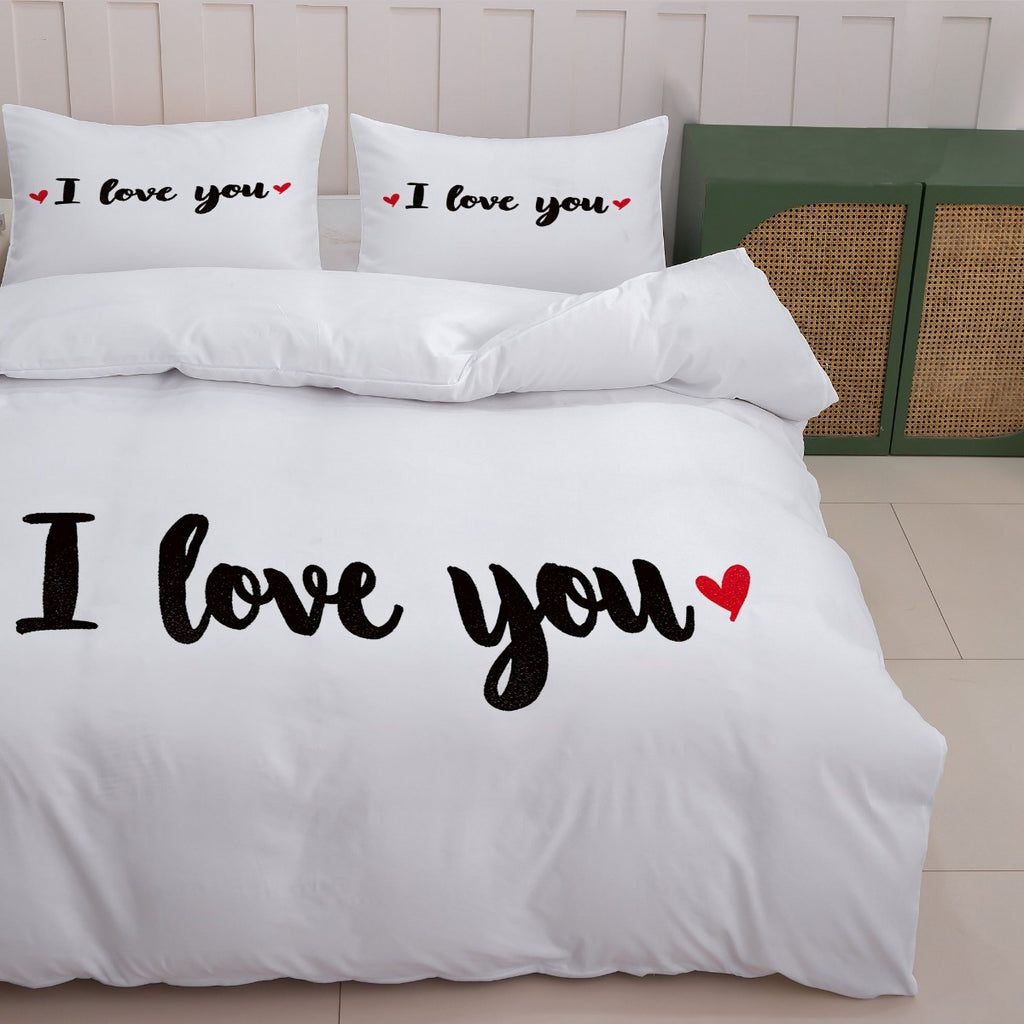 3pcs Romantic White Bed Linen Set Featuring 'I Love You' Design (1 Duvet Cover + 2 Pillowcases, Excluding Insert) - Ideal for Couples And Valentine'S Day