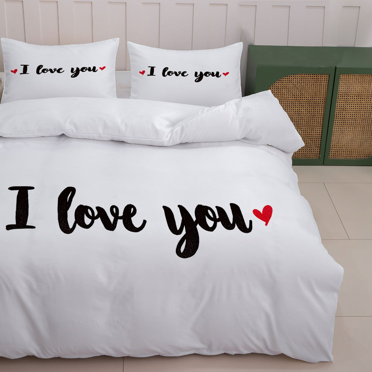 3pcs Romantic White Bed Linen Set Featuring 'I Love You' Design (1 Duvet Cover + 2 Pillowcases, Excluding Insert) - Ideal for Couples And Valentine'S Day