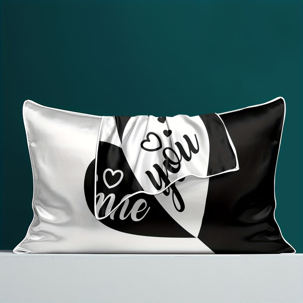 2pcs Black & White "You & Me" Heart Print Satin Pillowcases - 100% Polyester Envelope Closure Bedroom Decor, All-Season Machine Washable Romantic Couples Gift, Valentine Bedding, Home Decor, Modern Design, Durable Material, Decorative Pillows, Home