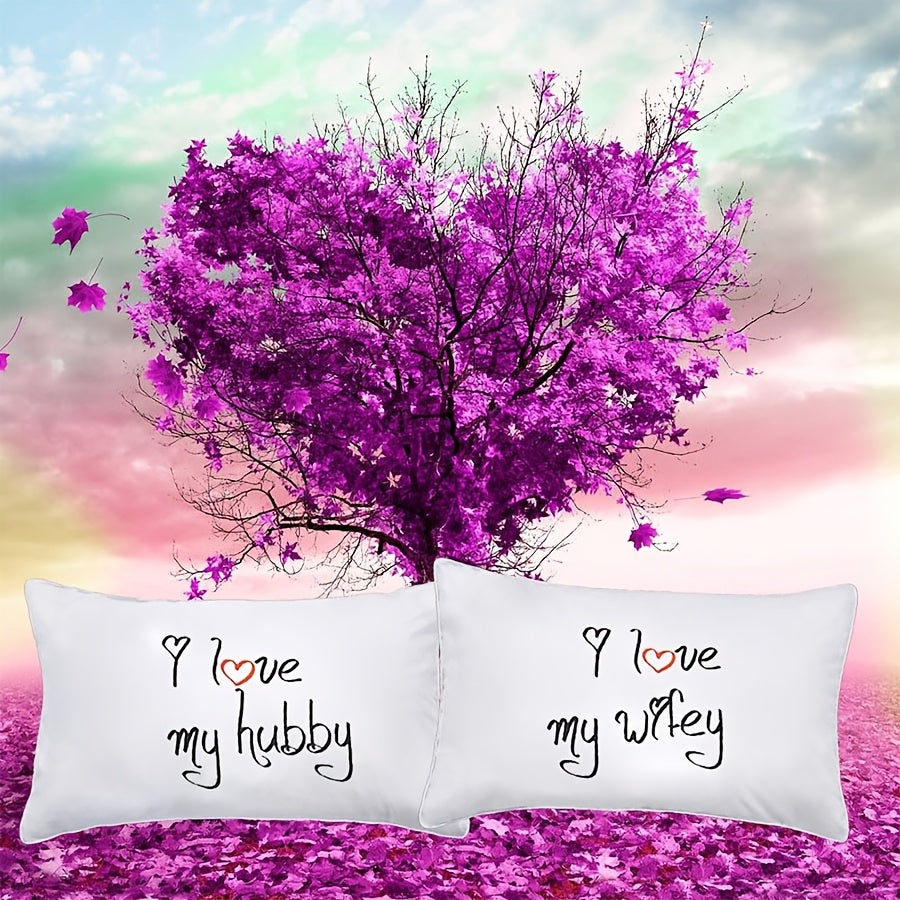 2-Pack Contemporary Polyester Pillowcases, "I Love My Wifey" & "I Love My Hubby" Couples Pillow Covers, Machine Washable, Zipper Closure, Romantic Anniversary & Valentine'S Day Gift, Single-Sided, No Insert - Various Room Types