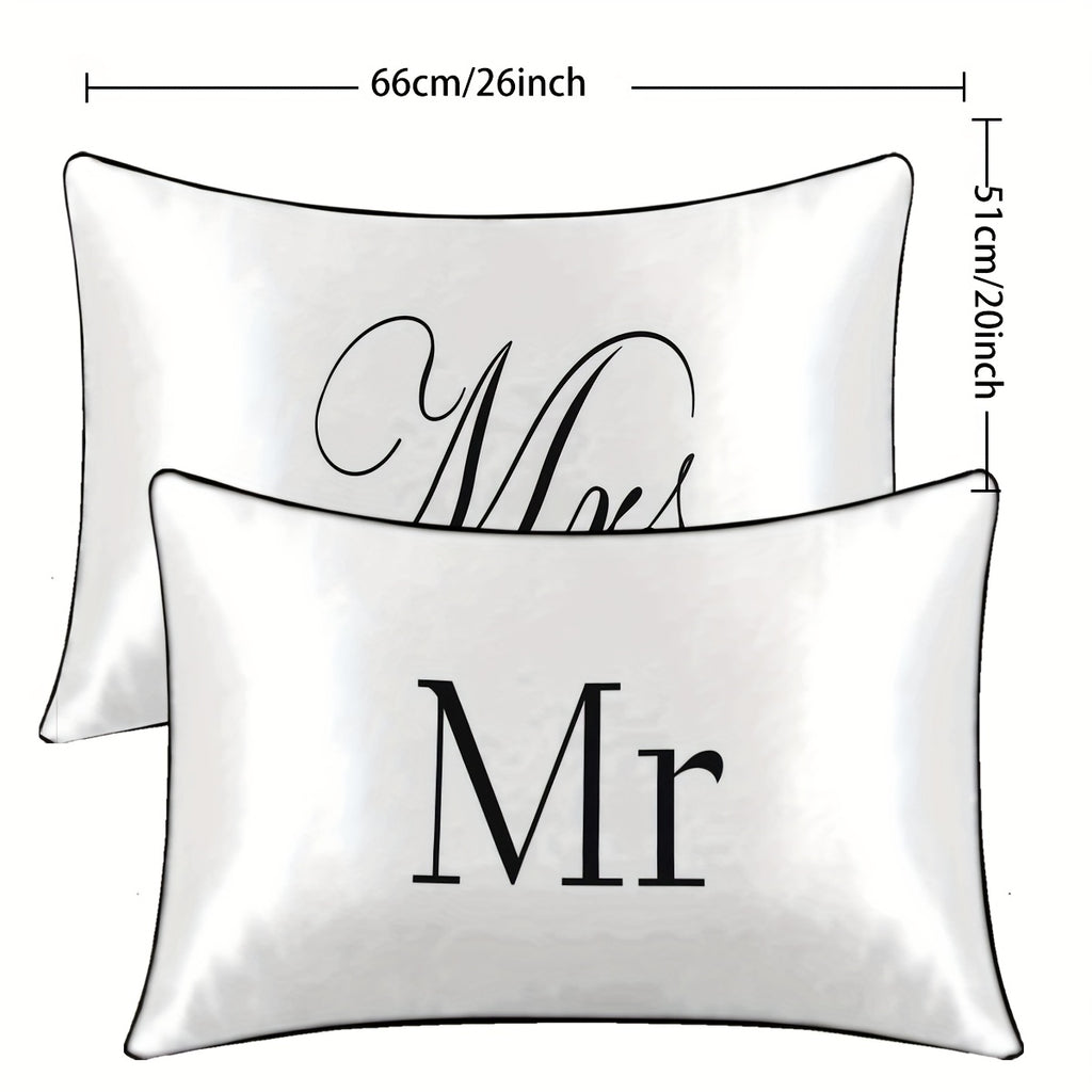 2pcs 100% Polyester Mr. And Mrs. Printed Bedroom Decorative Satin Pillowcases Available For All Seasons