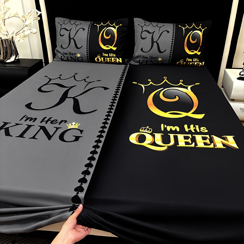 3pcs Super Soft Breathable Black Grey Color Blocking Crown Letter Bed Sheet (1pc Bed Sheet+2pcs Pillowcase No Filling), Deep Pocket In 15 Inch, Mattress Protector Bedroom Dormitory High Definition Printing Suitable For All Seasons Room Decor
