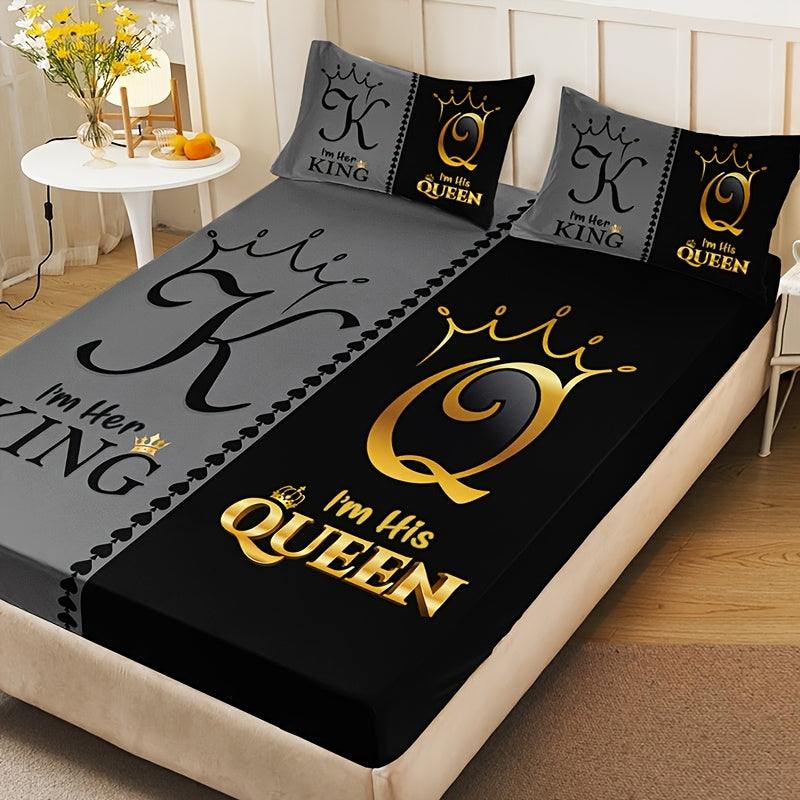 3pcs Royal Crown King & Queen Themed Bedding Set - 100% Polyester Microfiber, Breathable & All-Season, Machine Washable - Includes Fitted Sheet and 2 Pillowcases, High-Definition Digital Print Bedroom Decor